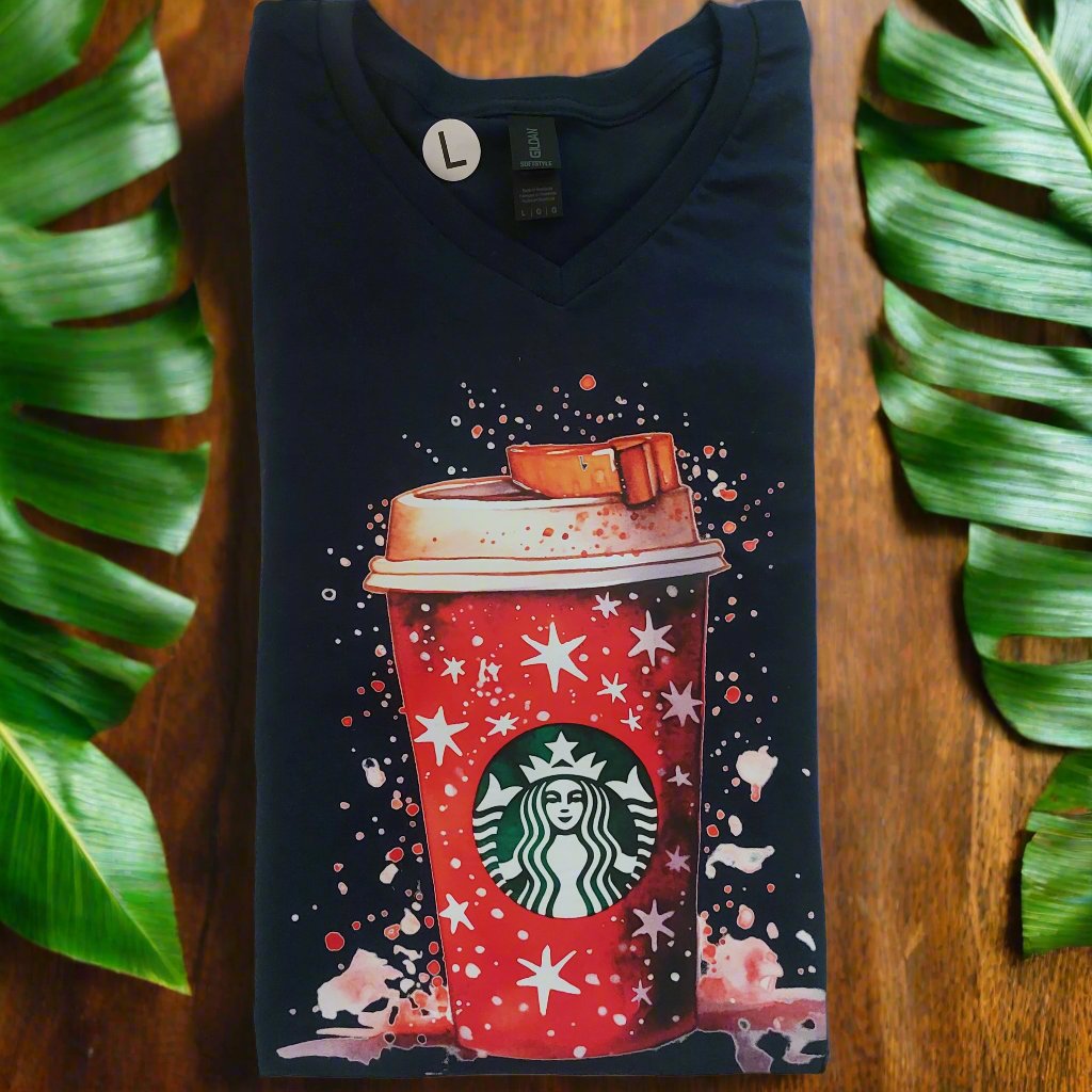 Christmas Starbucks cup T-shirt V-neck ready to go