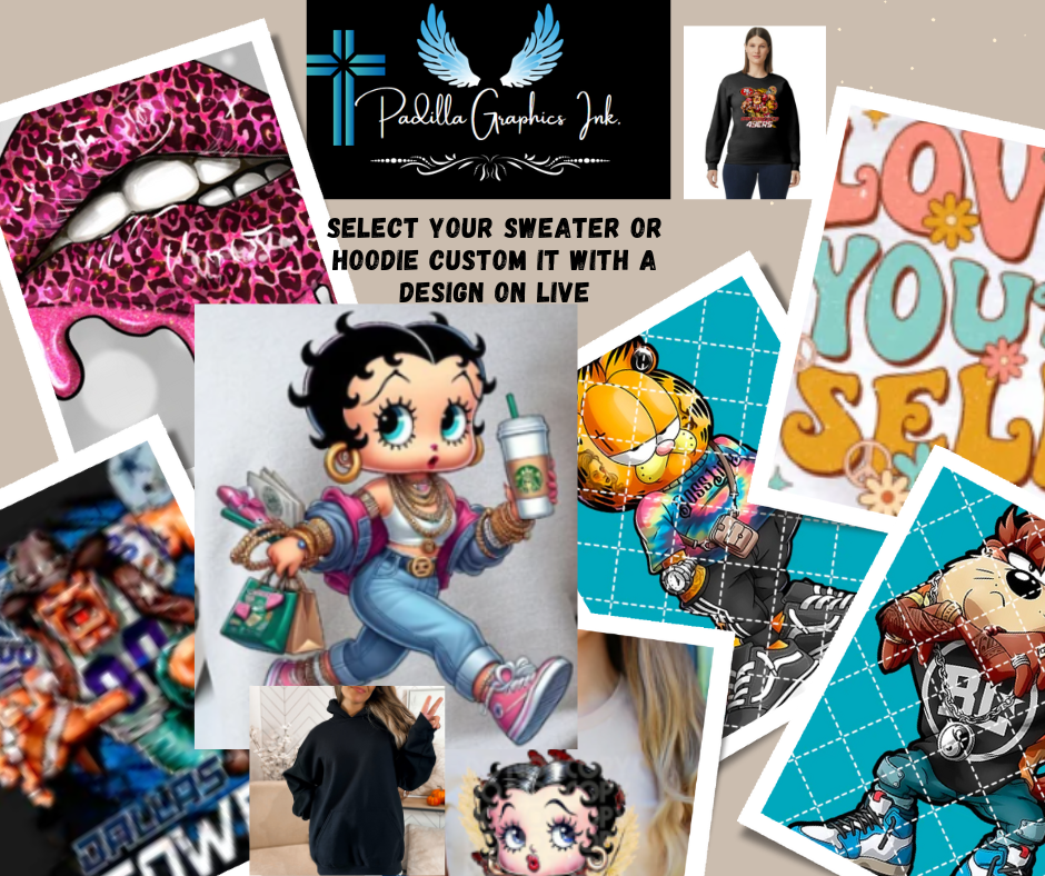 #222 Create your Graphic custom Hoodie select your design & color on Live stream