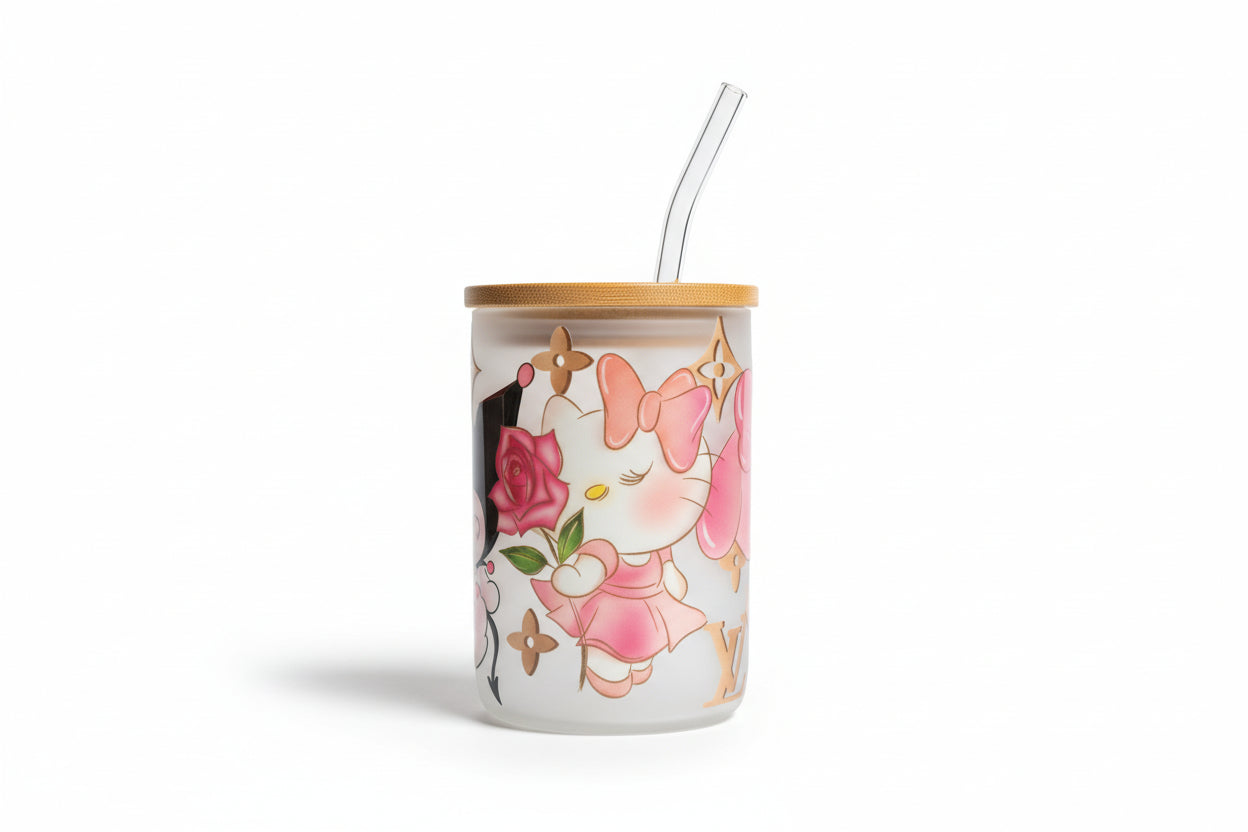 Friends 17oz Glass handle with lid & straw