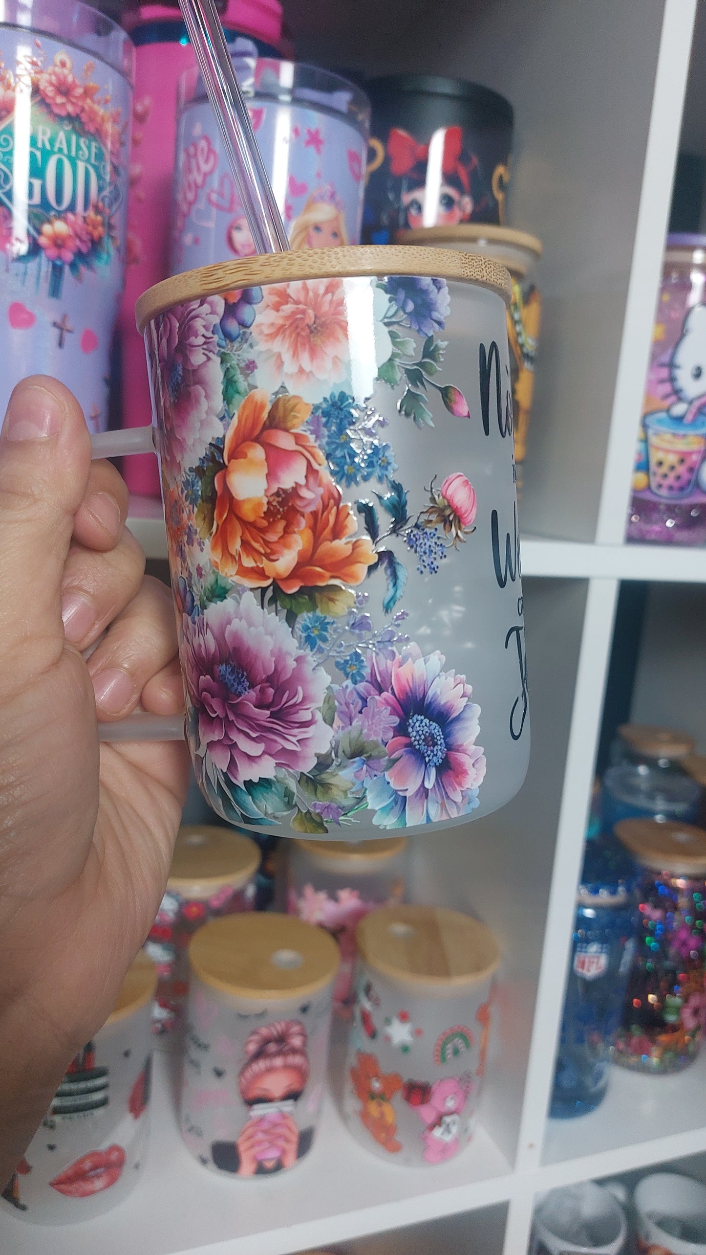 Nothing in this world can satisfy my soul like Jesus 17oz Glass handle with lid & straw