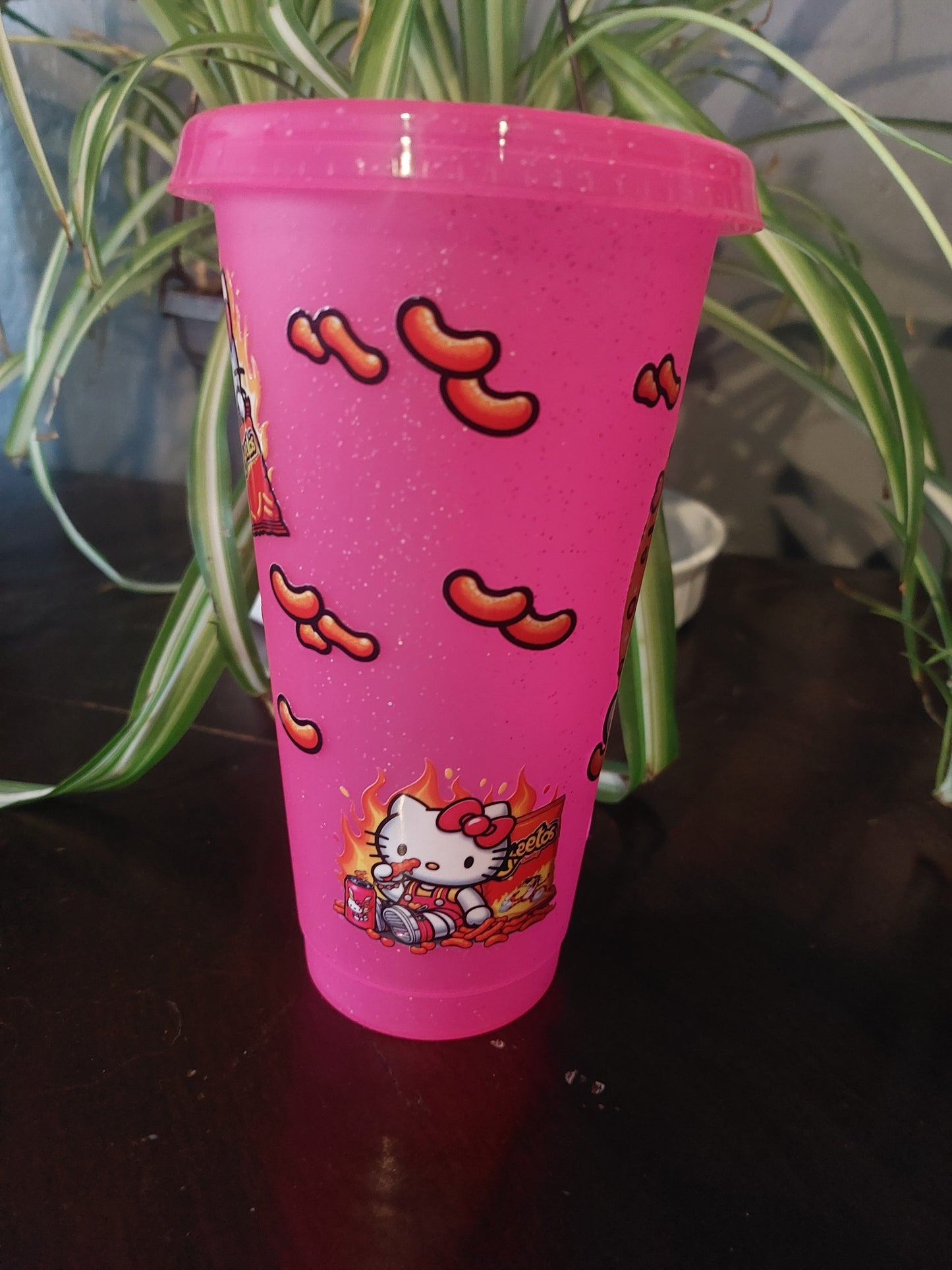 Plastic Starbucks cup with straw kitty flaming hot