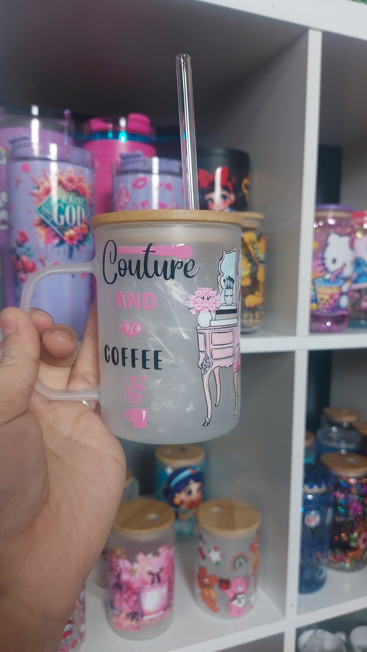 Babe couture & coffee 17ozGlass handle with lid & straw