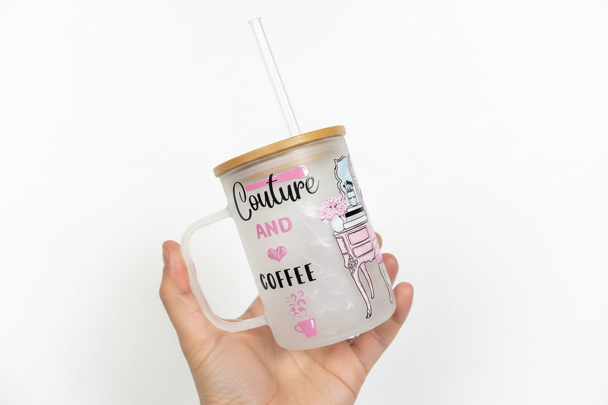 Babe couture & coffee 17ozGlass handle with lid & straw