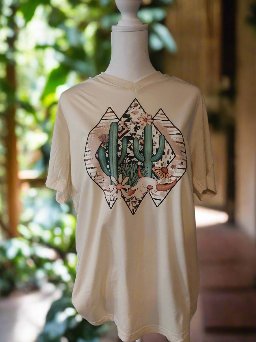 CACTUS AZTEC V-NECK T-SHIRT