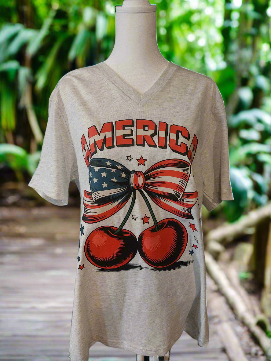 AMERICA CHERRIES V-NECK T-SHIRT