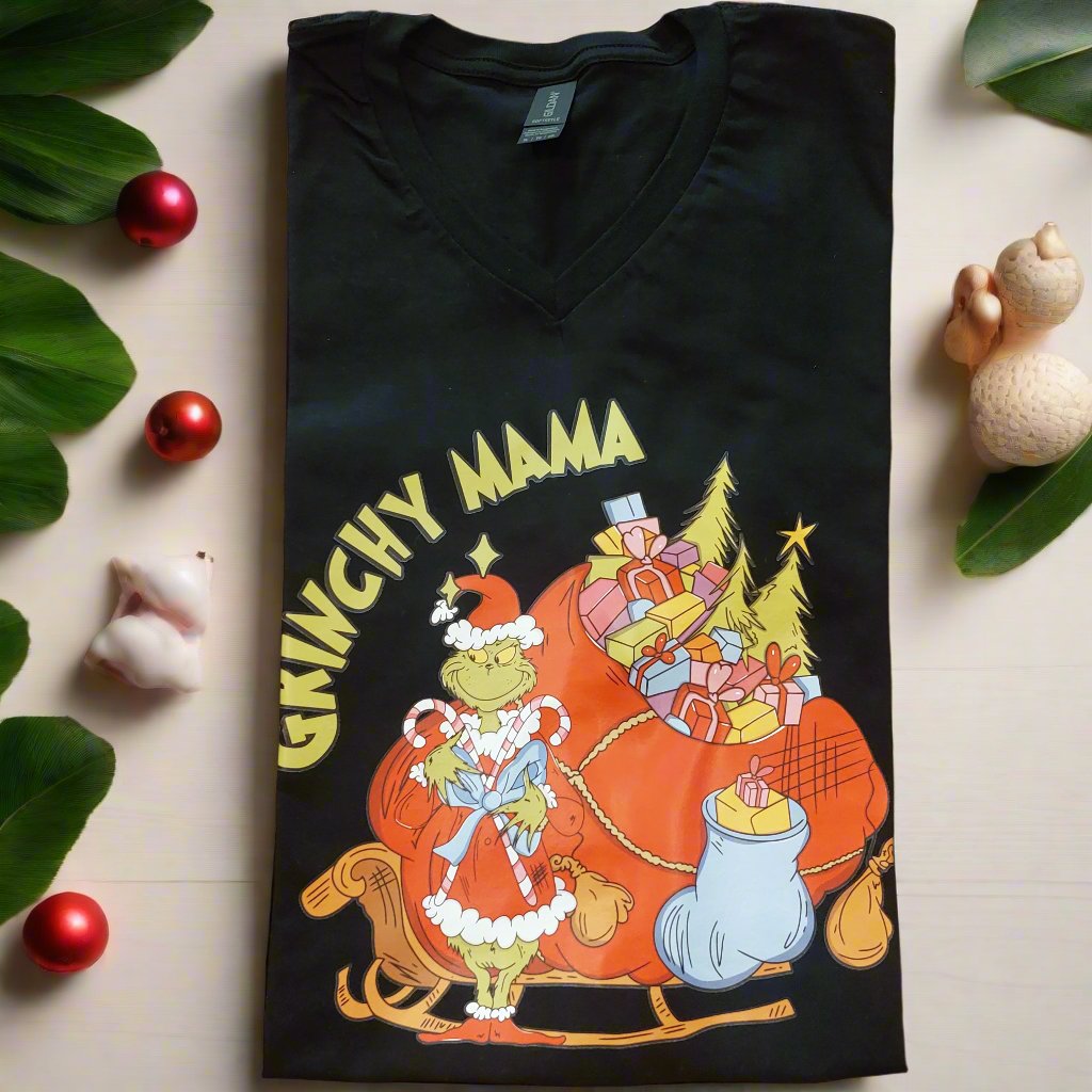 Christmas Grinchy mama T-shirt V-neck ready to go