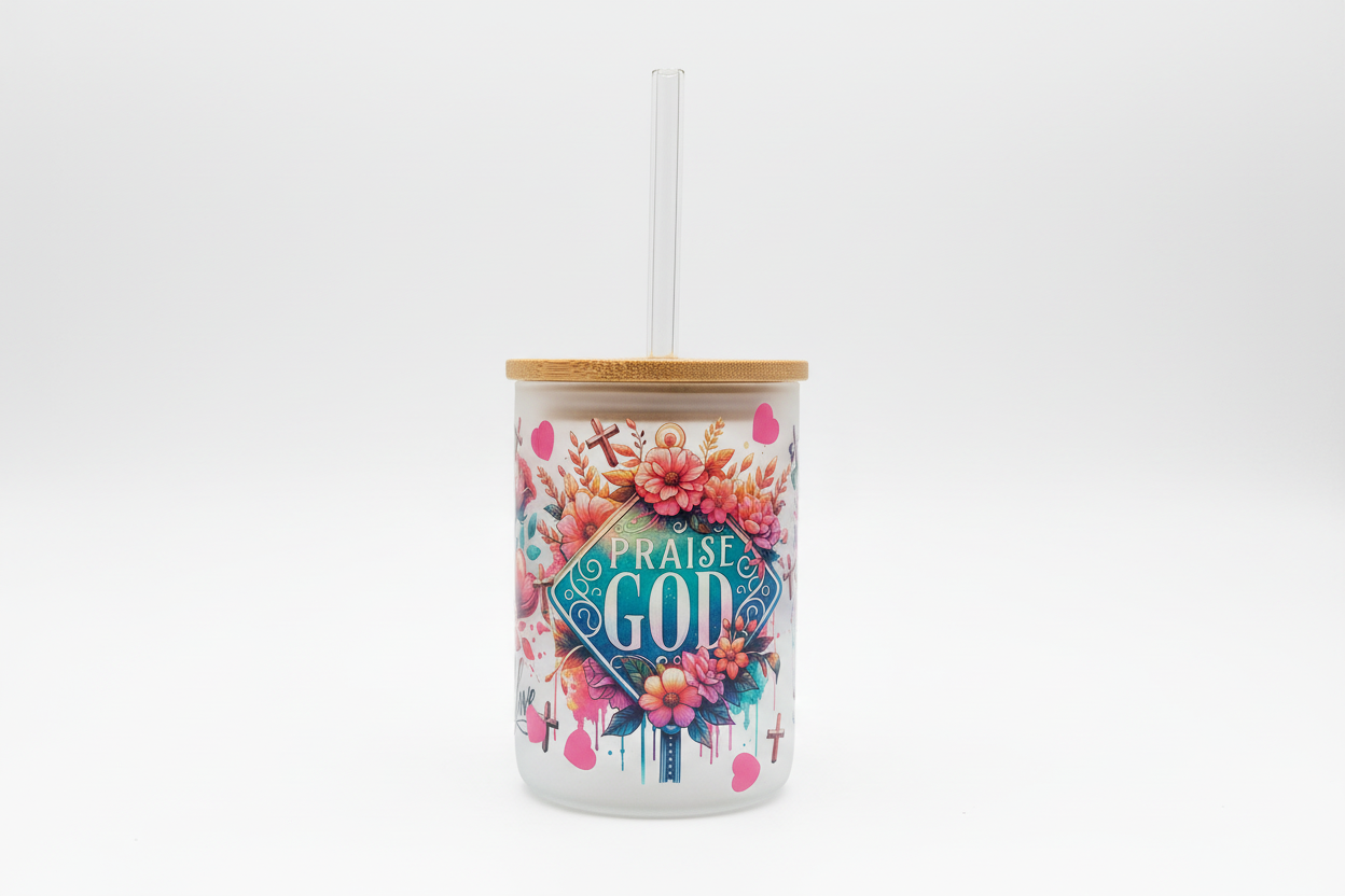 Praise God 17oz Glass handle with lid & straw