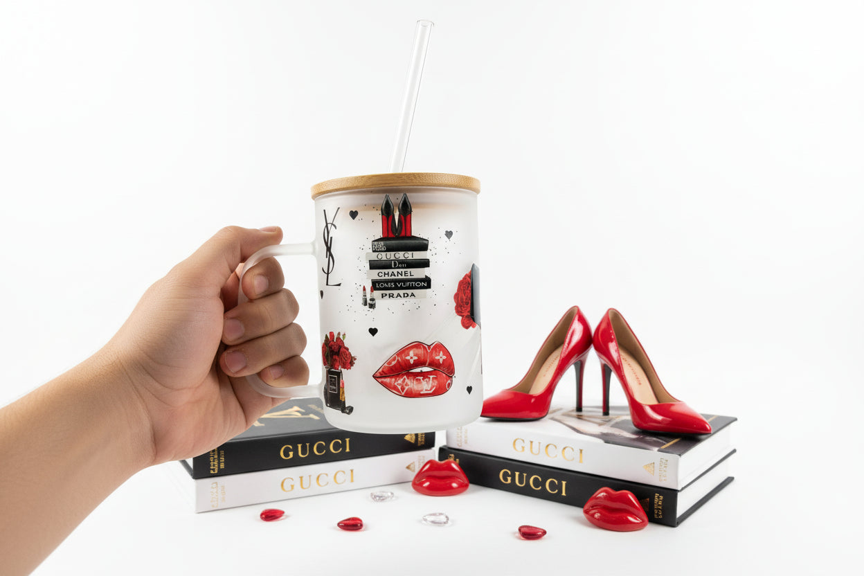 Inspired 17oz Glass handle with lid & straw