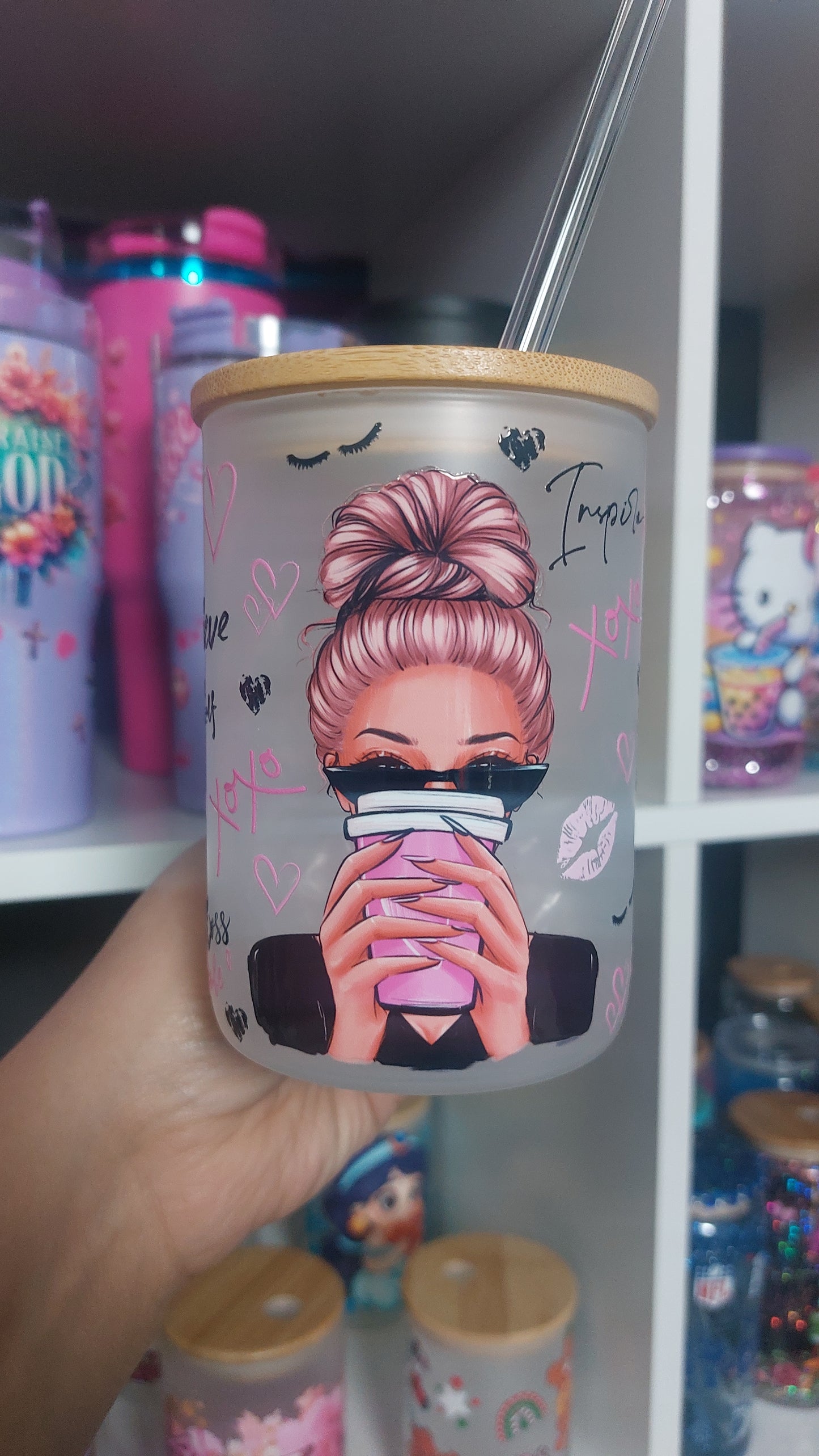 Boss babe 17oz Glass handle with lid & straw