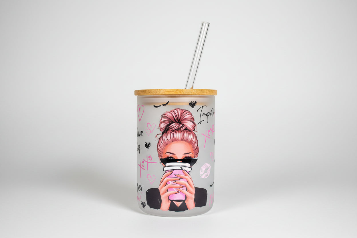Boss babe 17oz Glass handle with lid & straw