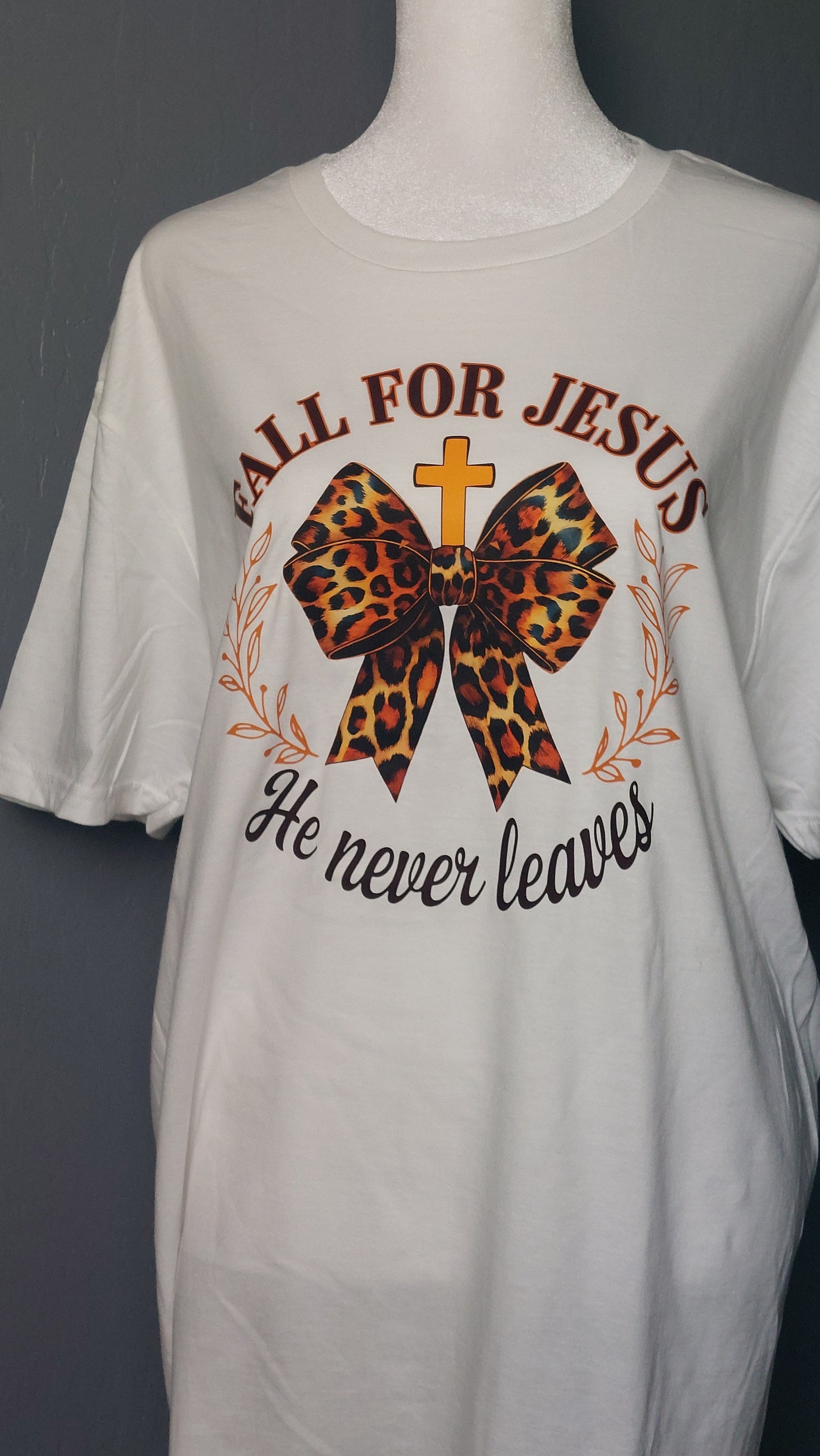FALL FOR JESUS HE NEVER LEAVES CREW NECK T-SHIRT