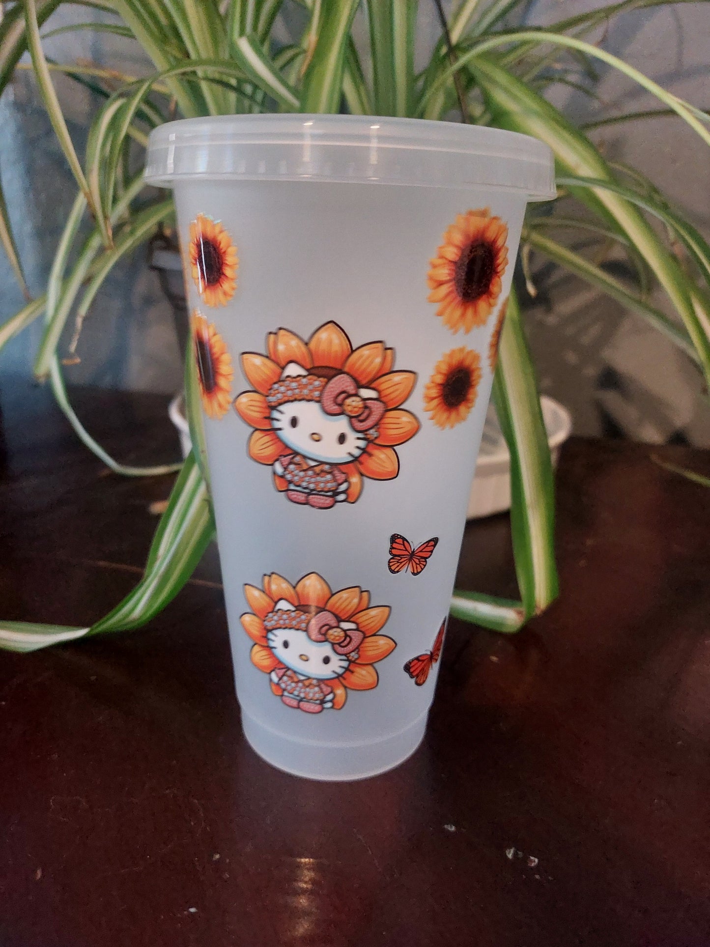 Plastic Starbucks cup with straw Kitty sunflower