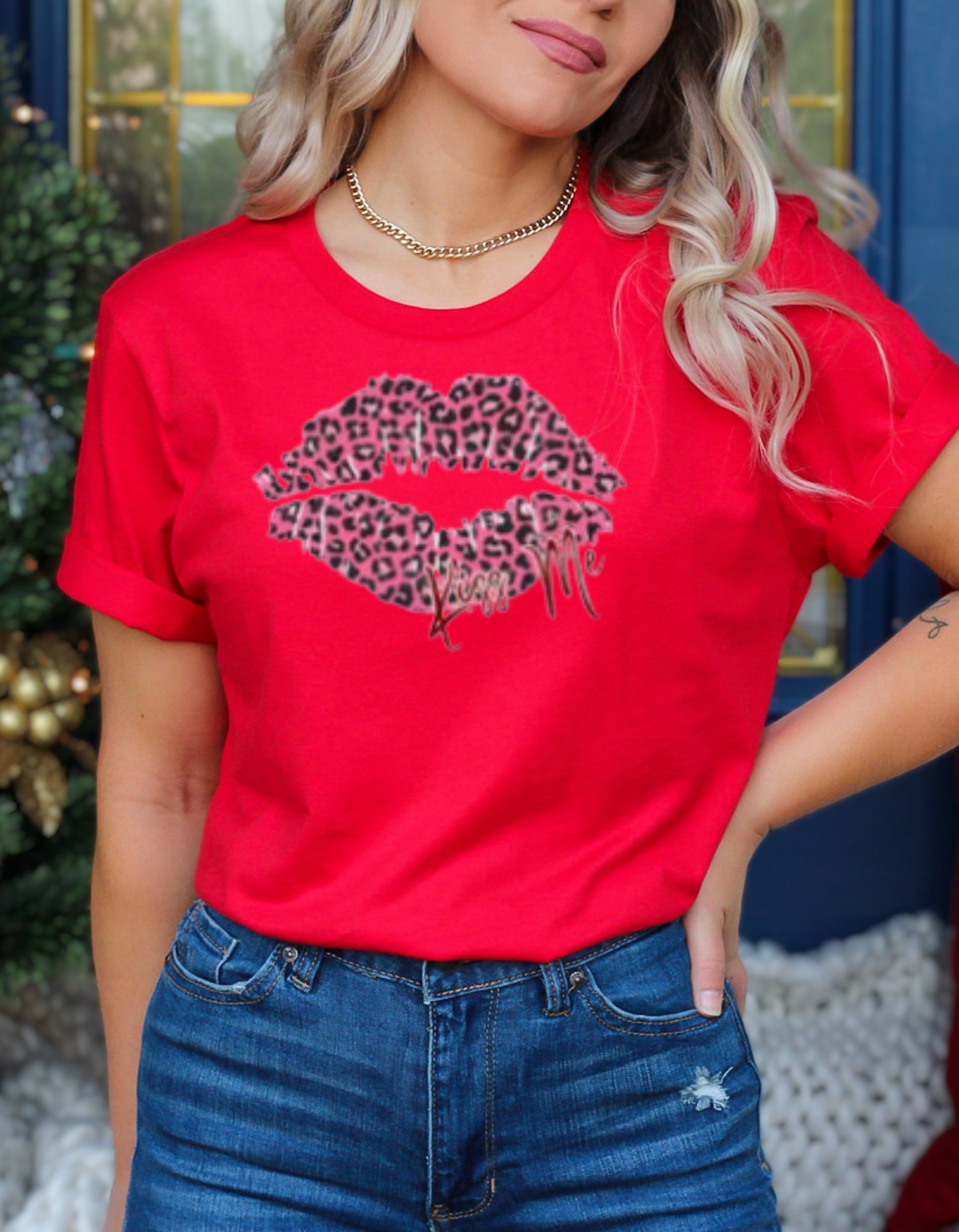 "Kiss Me" Pink Leopard Lips Print T-Shirt