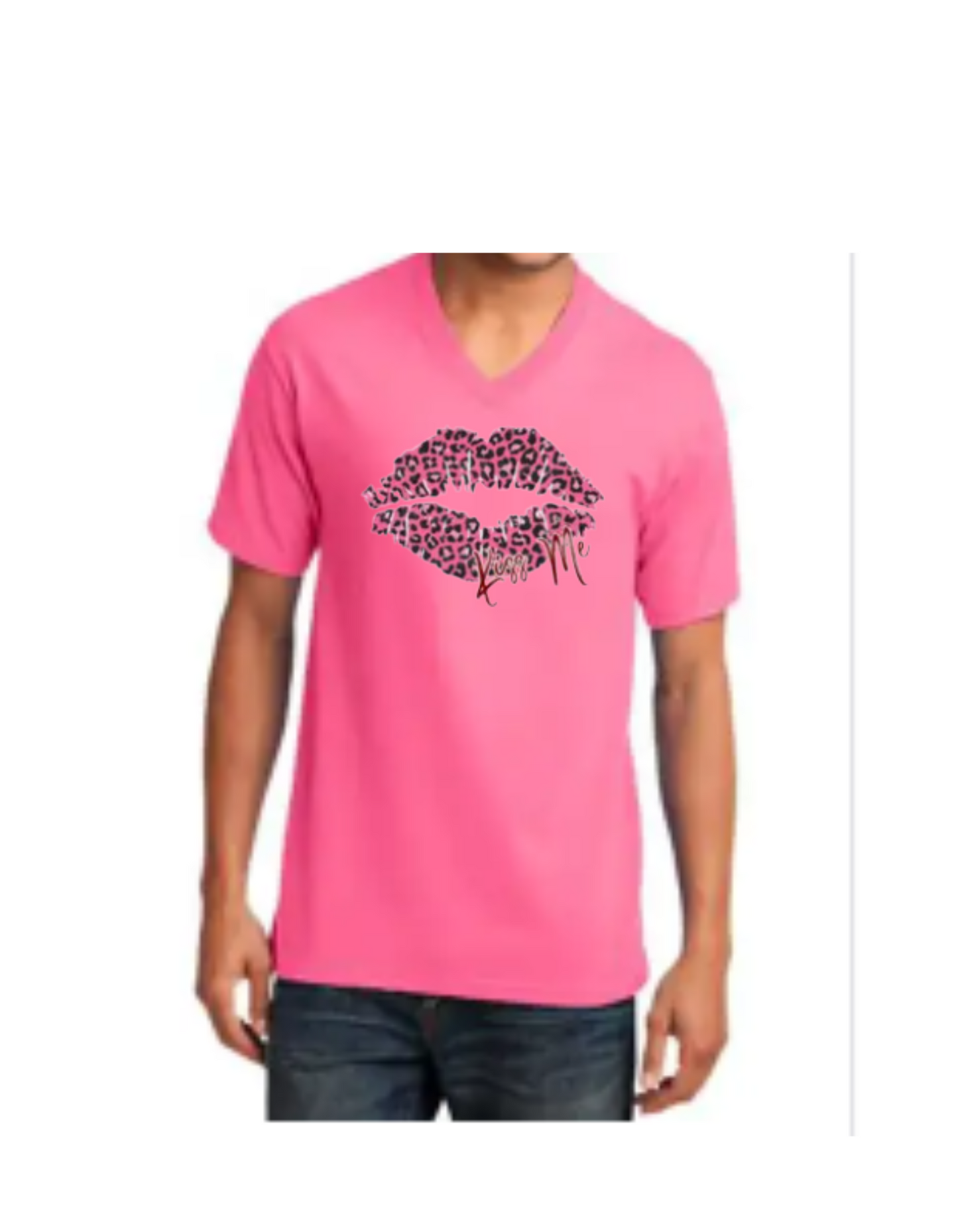 "Kiss Me" Pink Leopard Lips Print T-Shirt