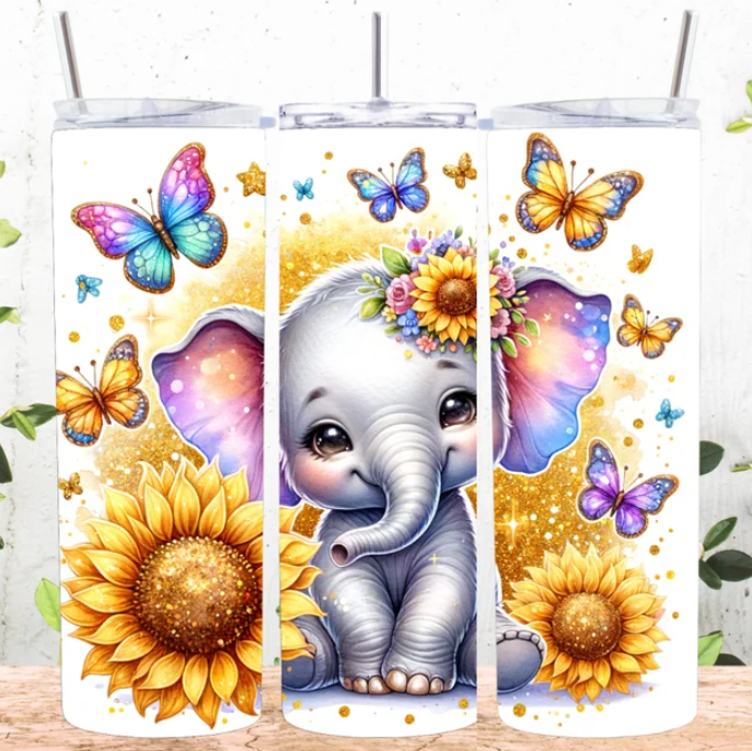 Baby Elephant Butterflies Sunflowers 20 oz Skinny Tumbler