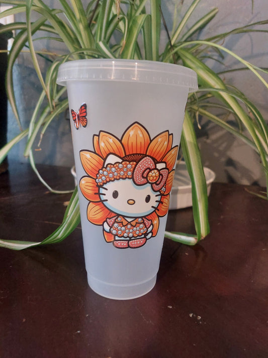 Plastic Starbucks cup with straw Kitty sunflower
