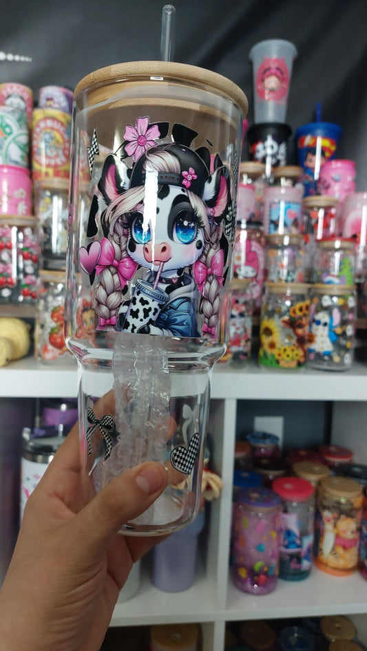 Cow 40oz GLASS TUMBLER WITH HANDLE