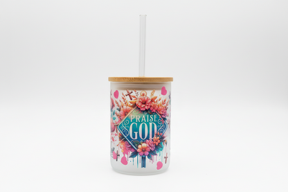 Praise God 17oz Glass handle with lid & straw