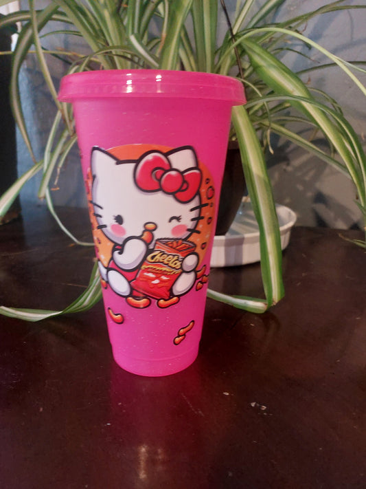 Plastic Starbucks cup with straw kitty flaming hot