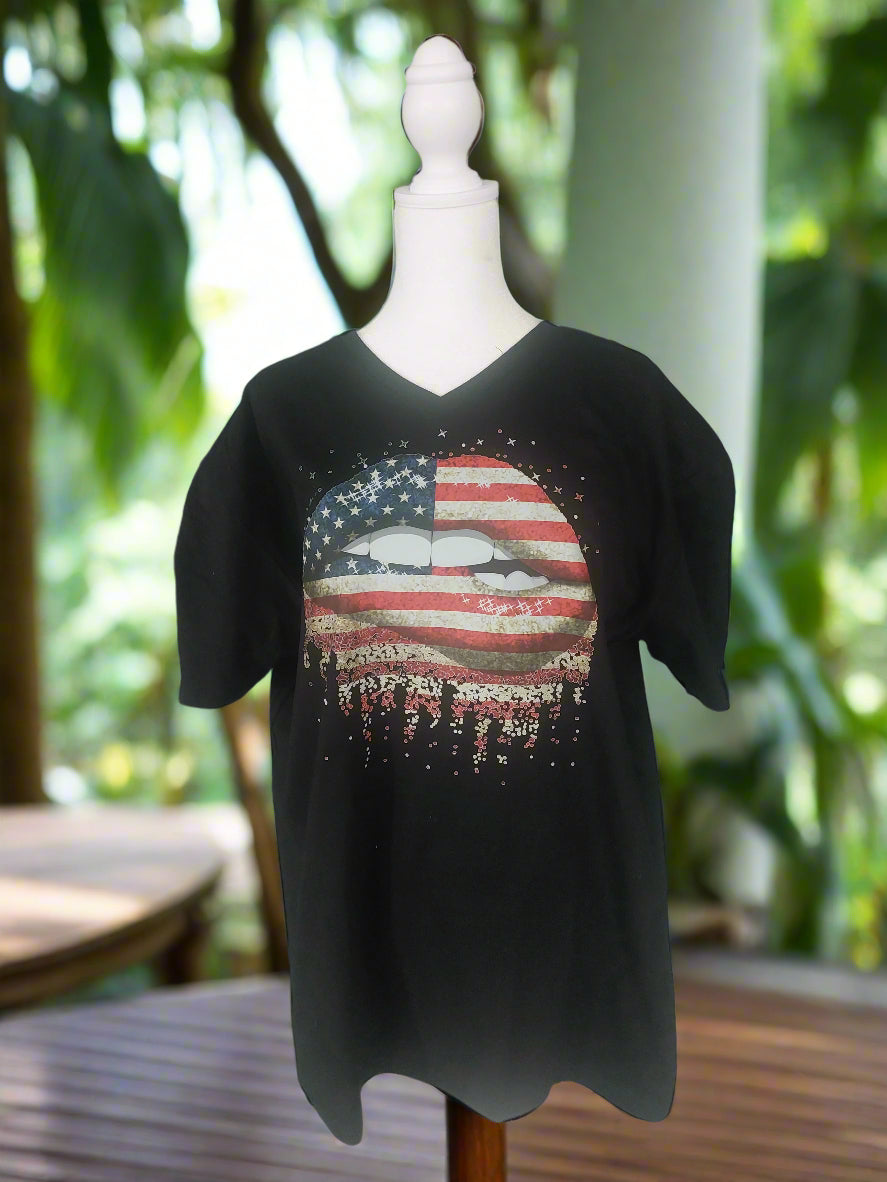 USA FLAG LIPS V-NECK T-SHIRT #1508